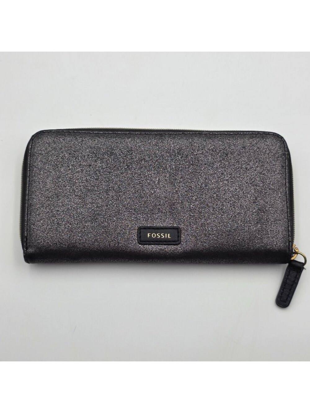 Fossil Jayda Zip Clutch Wallet Womens Gunmetal Gray Metallic Leather Wristlet